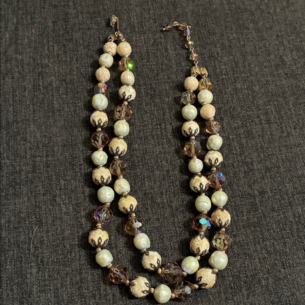 Elegant Beaded Necklace - Cream and Brown vintage Vendome brand